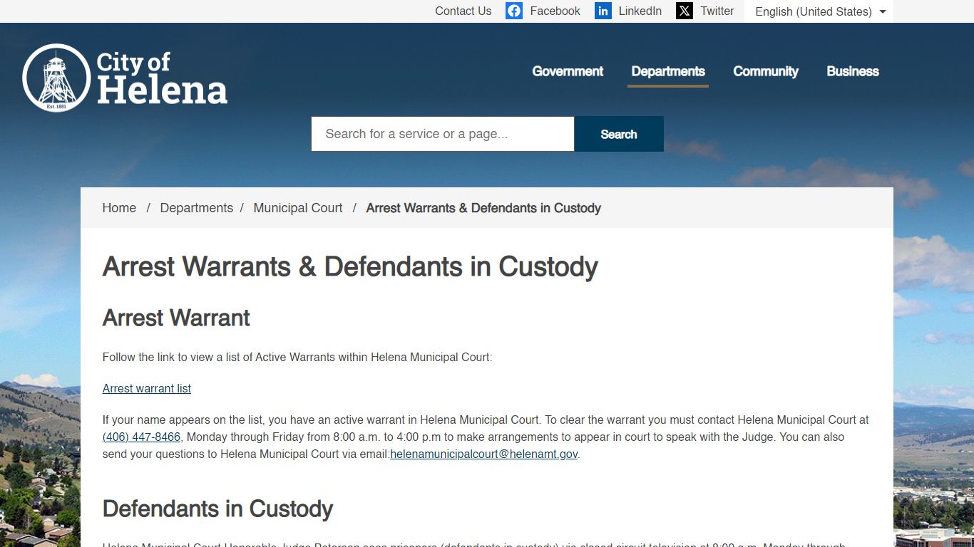 Arrest Warrants & Defendants in Custody - City of Helena, MT